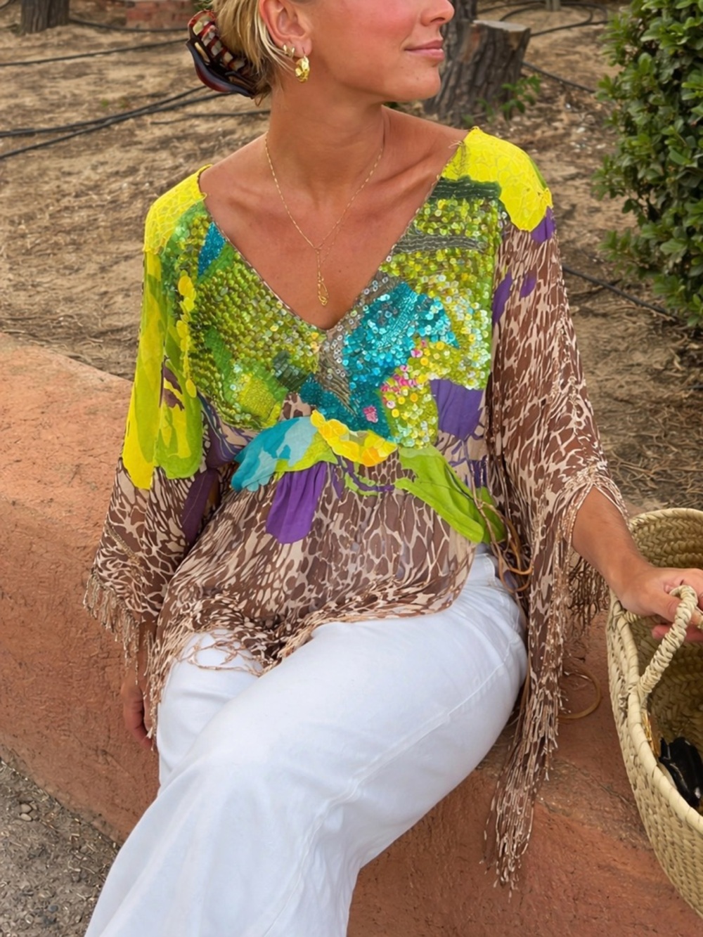 Maria Grazia Severi euro y2k embellished silk blend poncho top / tunic – IT 40